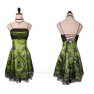 Vtg Morgan Co Prom Dress Mini Gown Black Green 8 90s Y2K Fairy Goth Floral Tulle